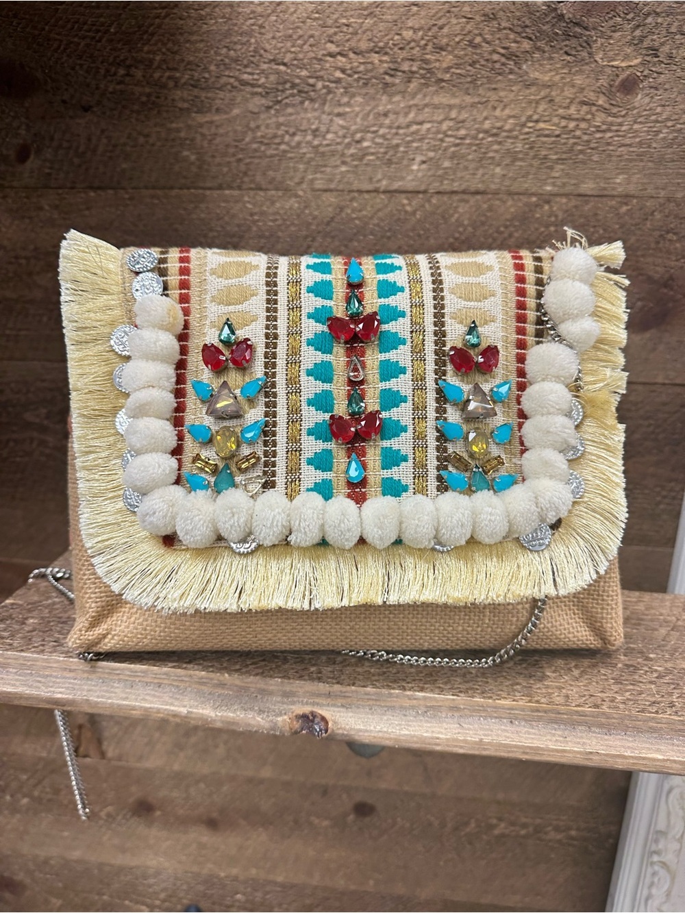 AREA Stars Embellished Boho Fringe Crossbody Clutch Bag Pom Pom Beaded - Picture 1 of 9